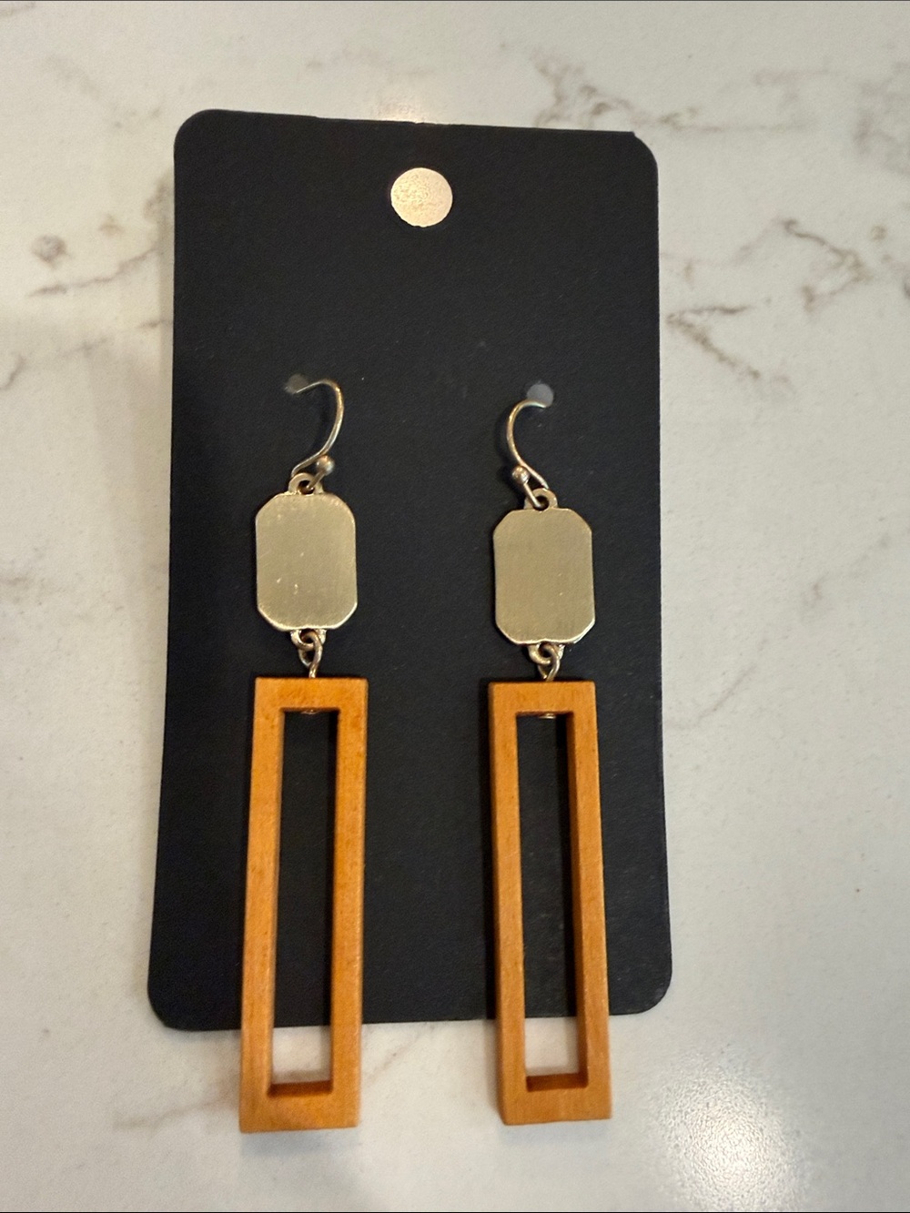 Gold and Wood Rectangular Drop Earrings - Women Jewelry